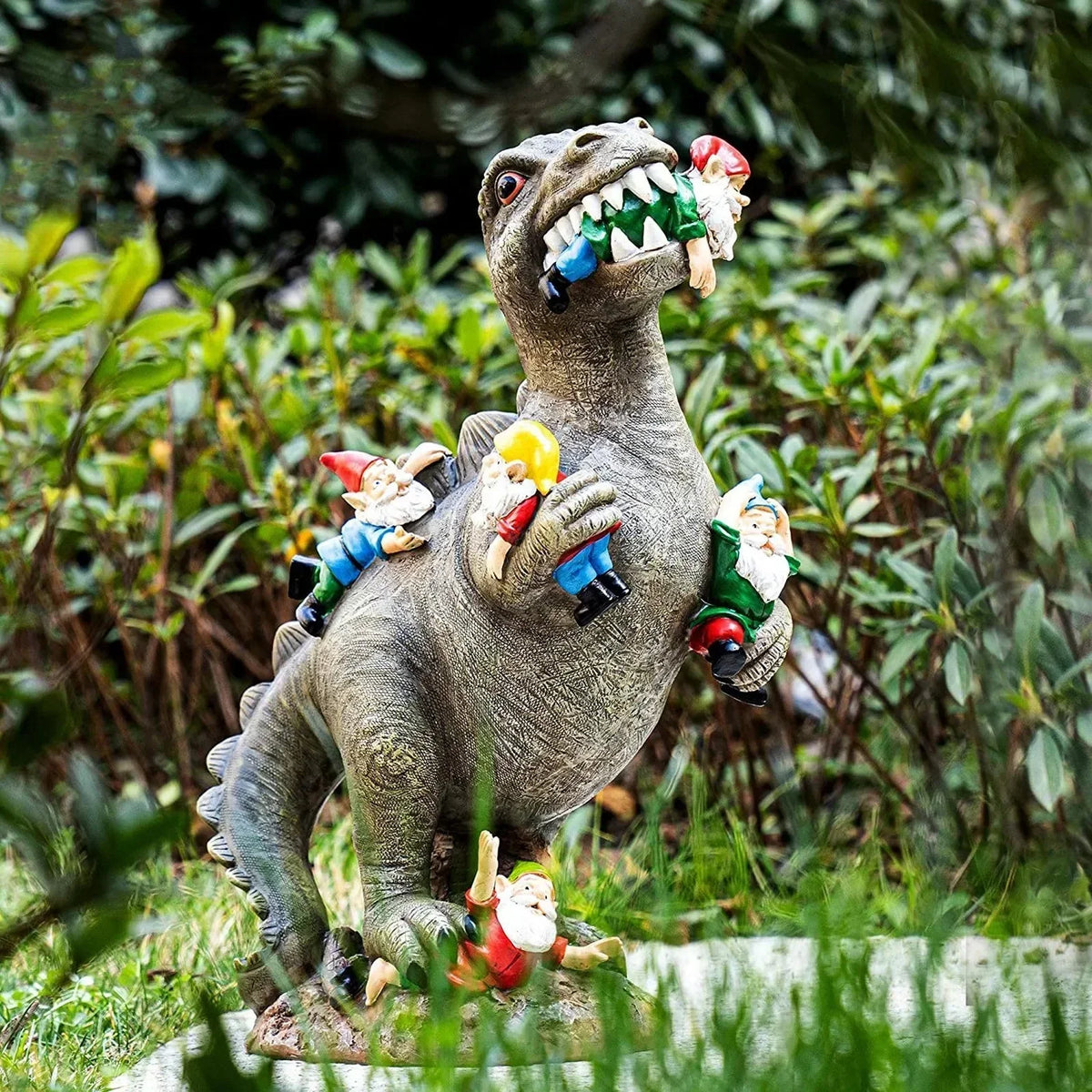 Garden Statue T-Rex Devouring Gnomes Weatherproof Resin Hand-Painted