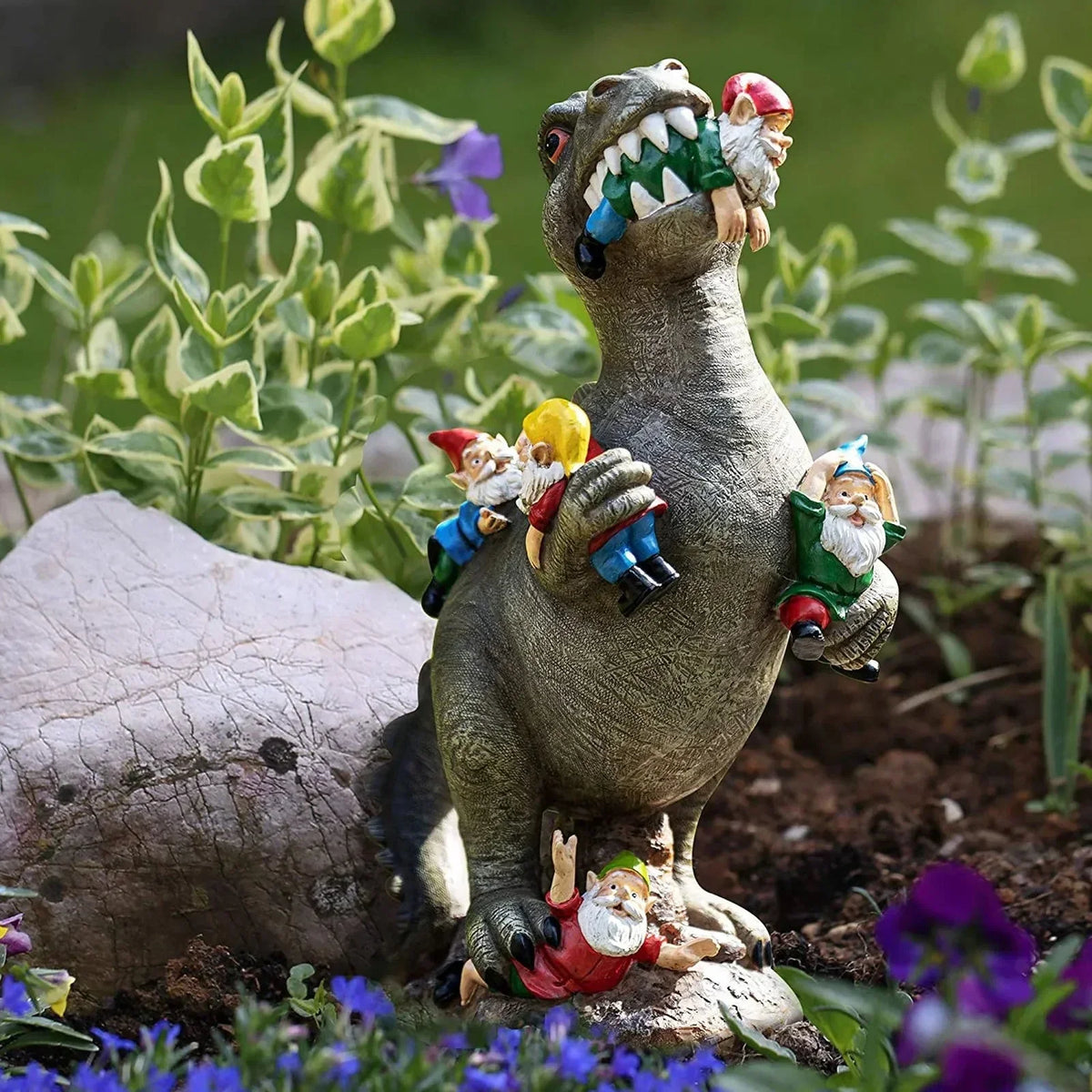 Garden Statue T-Rex Devouring Gnomes Weatherproof Resin Hand-Painted