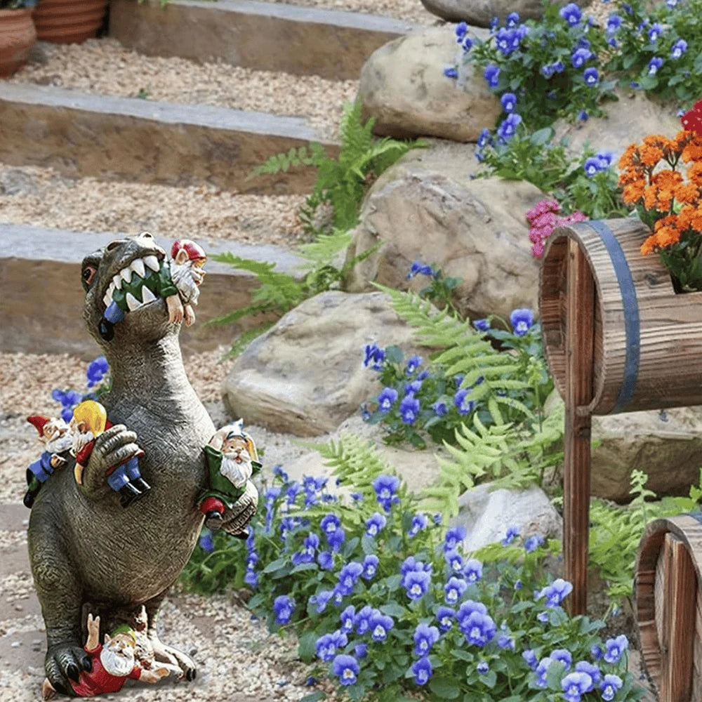 Garden Statue T-Rex Devouring Gnomes Weatherproof Resin Hand-Painted