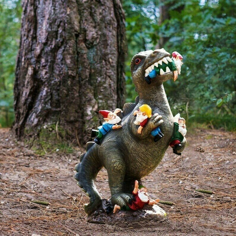 Garden Statue T-Rex Devouring Gnomes Weatherproof Resin Hand-Painted