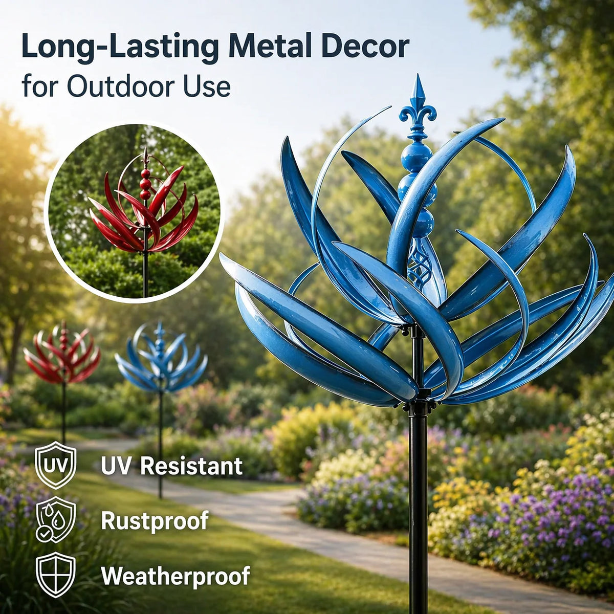Garden Wind Spinner Lotus Design Rust-Resistant Metal
