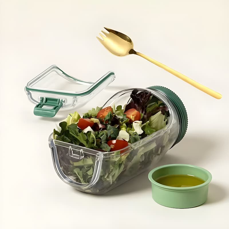 Glass Salad Container Screw-Seal Lid & Dressing Compartment