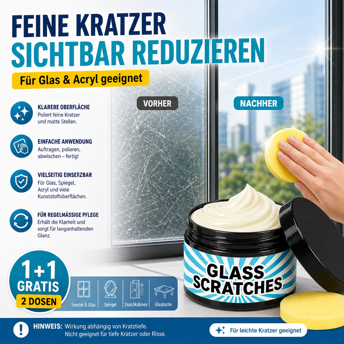 Glass Scratch Remover Cream Restores Clarity Two 30g Cans