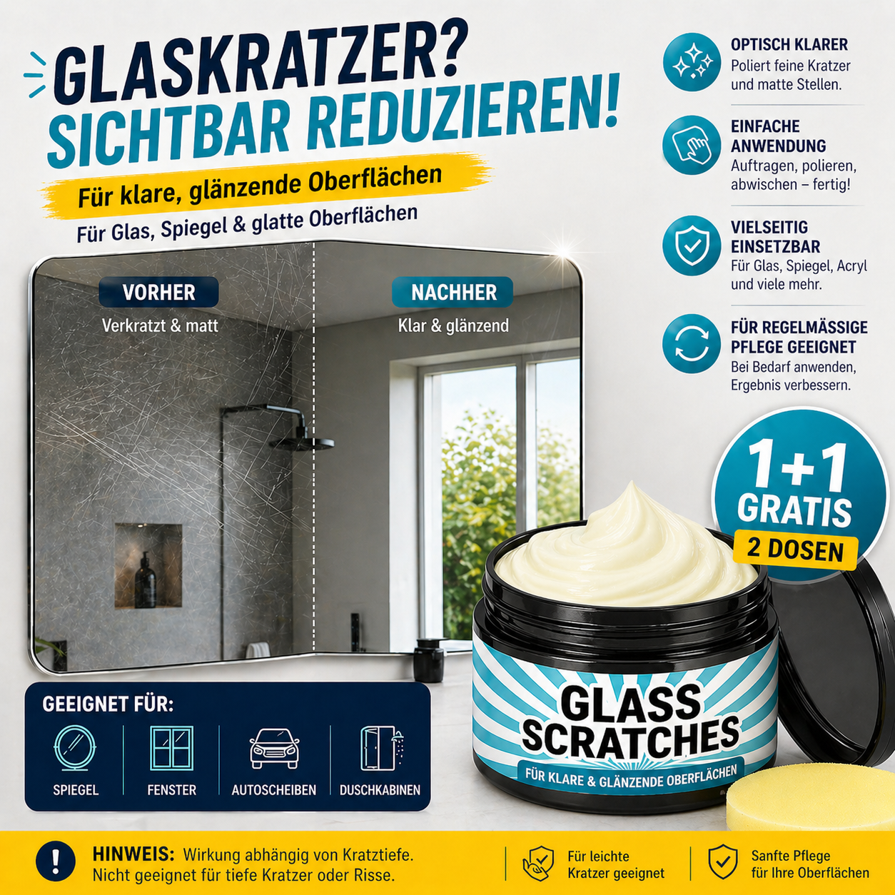 Glass Scratch Remover Cream Restores Clarity Two 30g Cans