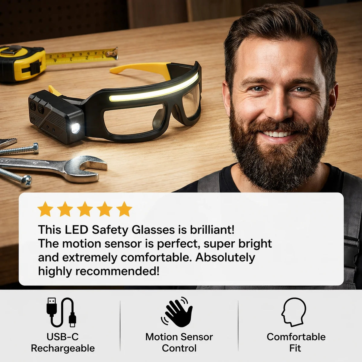 Glasses-Mounted Work Light Hands-Free Motion Sensor USB-C Rechargeable
