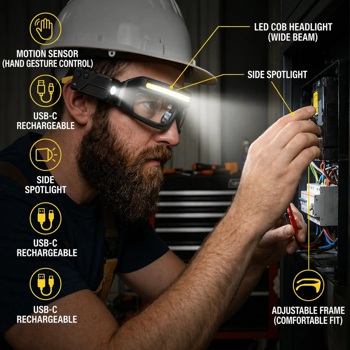 Glasses-Mounted Work Light Hands-Free Motion Sensor USB-C Rechargeable