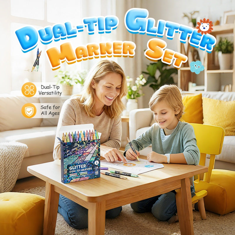Glitter Marker Set Dual-Tip Shimmer Ink Non-Toxic