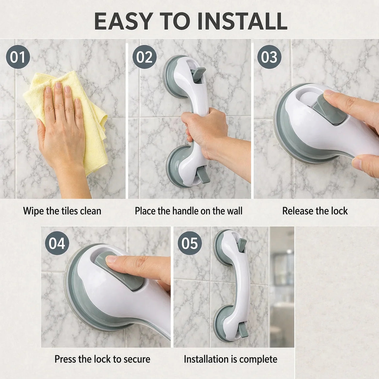 Grab Bar Suction Mount Ergonomic Curved Handle 176 lbs