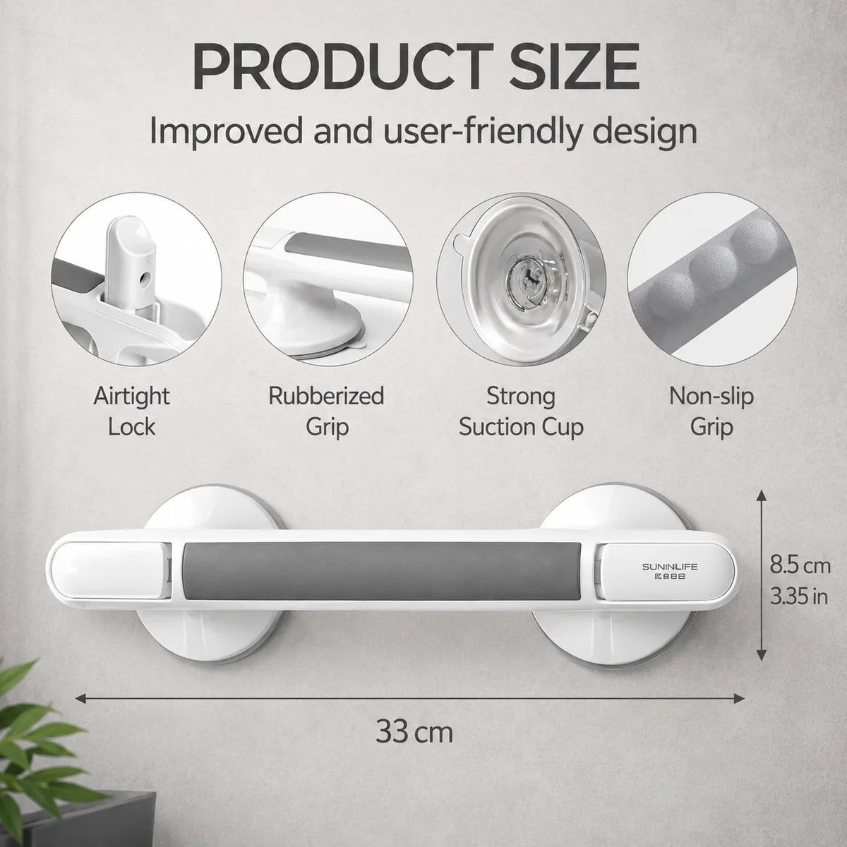 Grab Bar Suction Mount Lock & Textured Non-Slip Grip