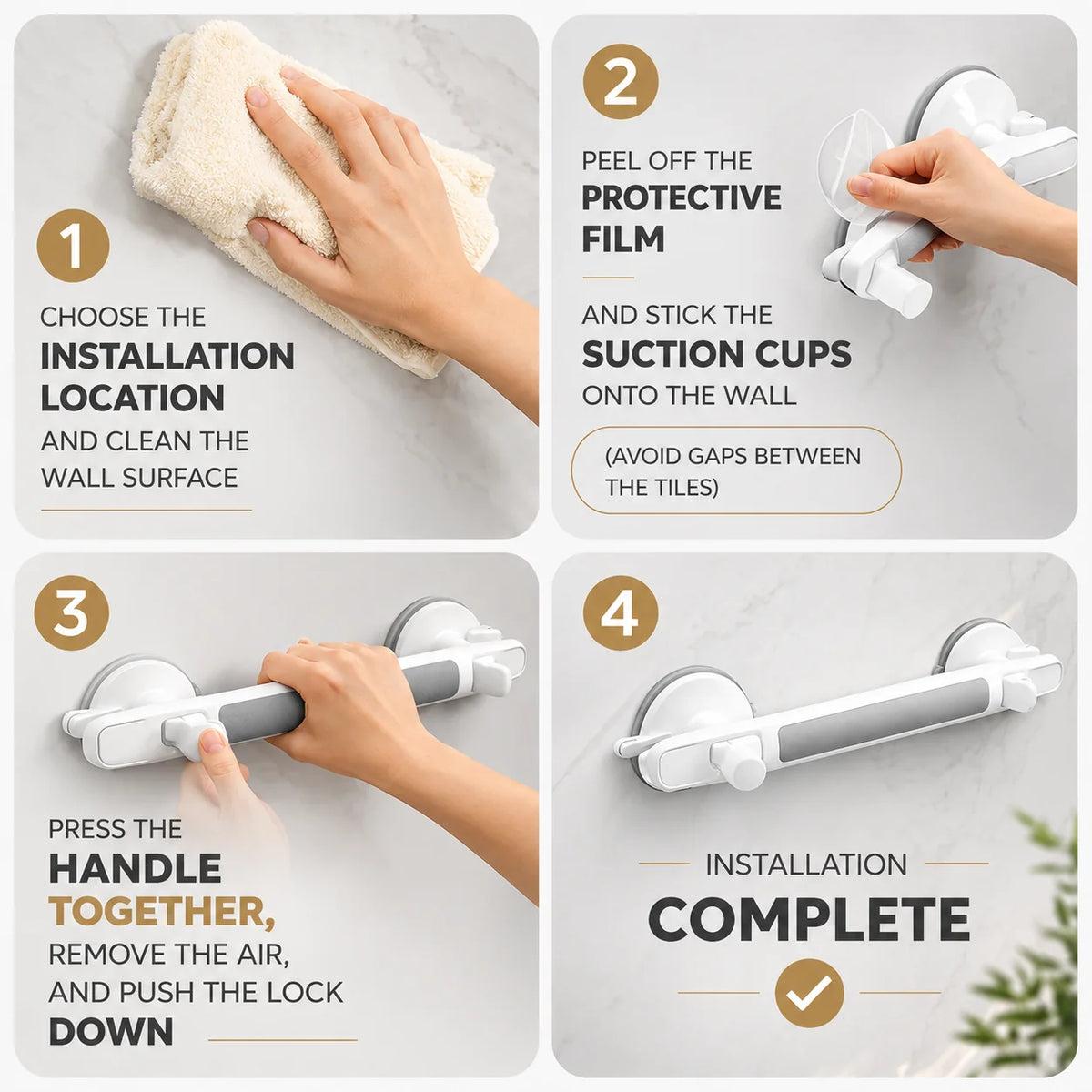 Grab Bar Suction Mount Lock & Textured Non-Slip Grip