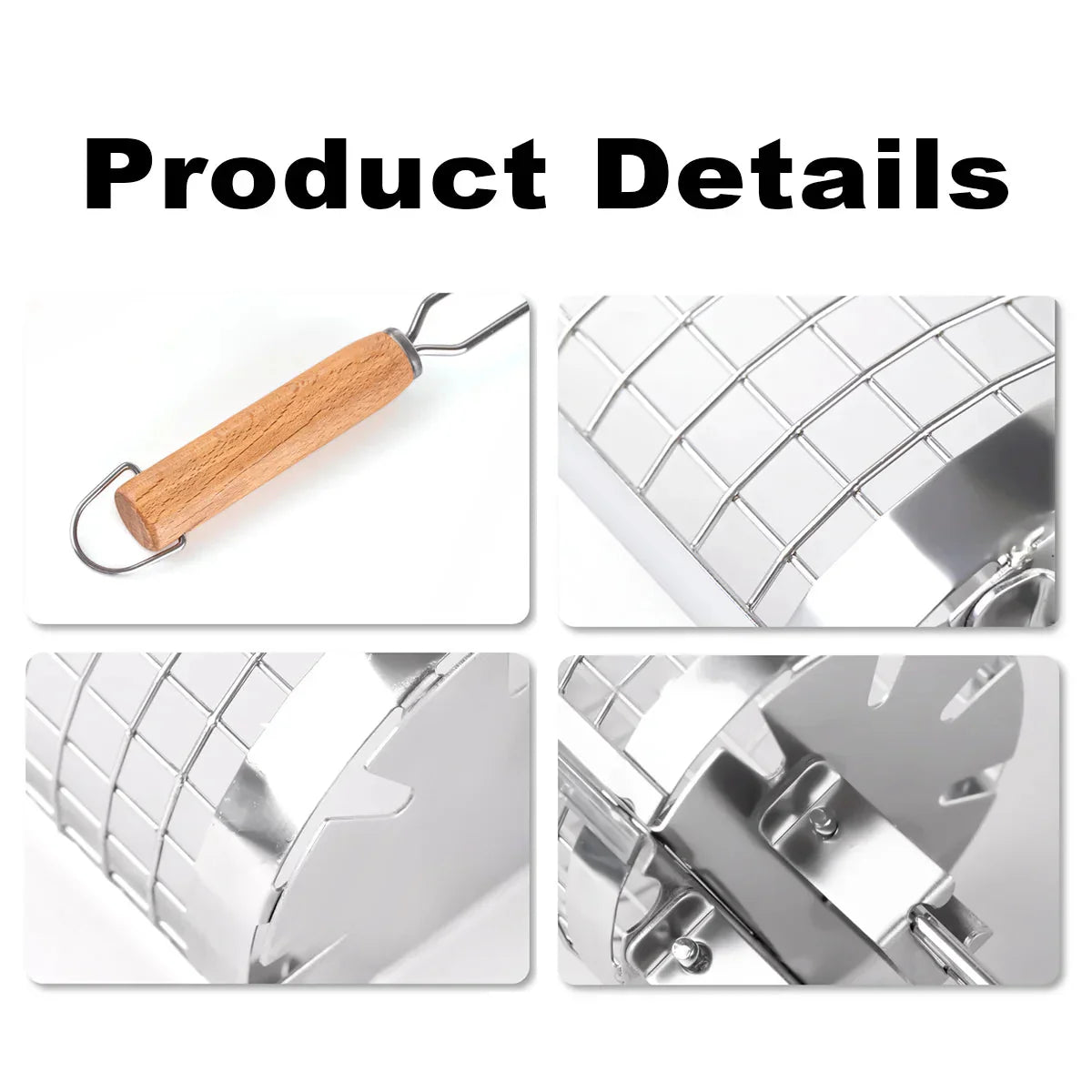 Grill Basket 360 Degree Rotating Stainless Steel Wooden Handle