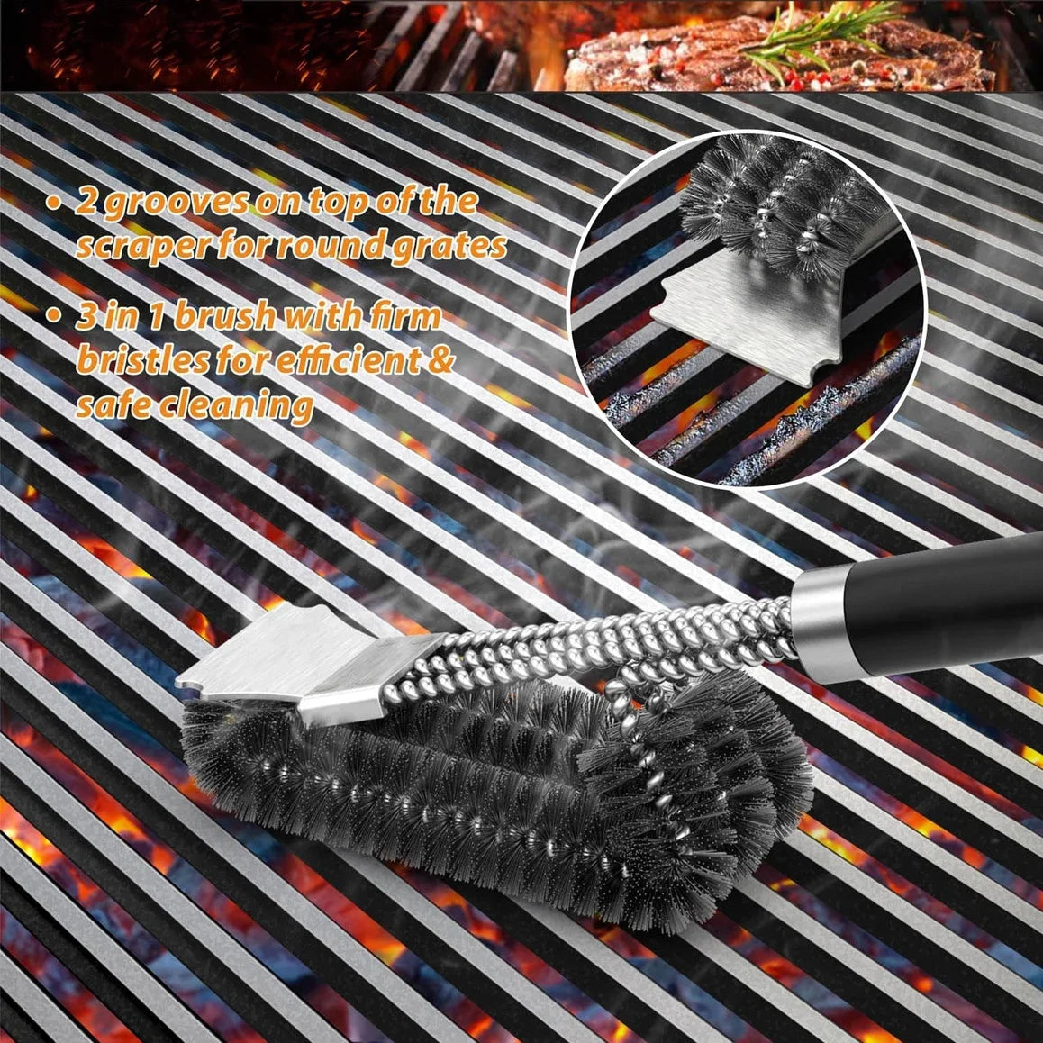 Grill Brush 3-in-1 Stainless Steel Bristles & Scraper
