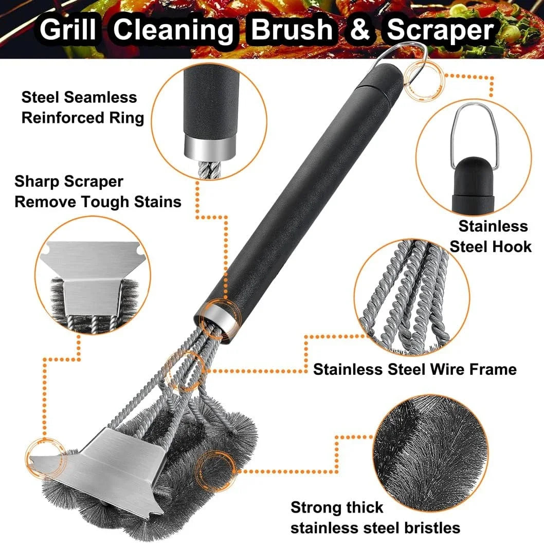 Grill Brush 3-in-1 Stainless Steel Bristles & Scraper
