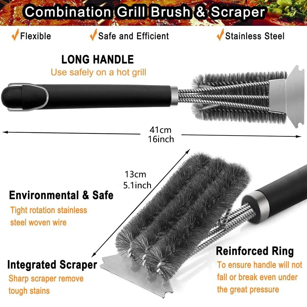 Grill Brush 3-in-1 Stainless Steel Bristles & Scraper