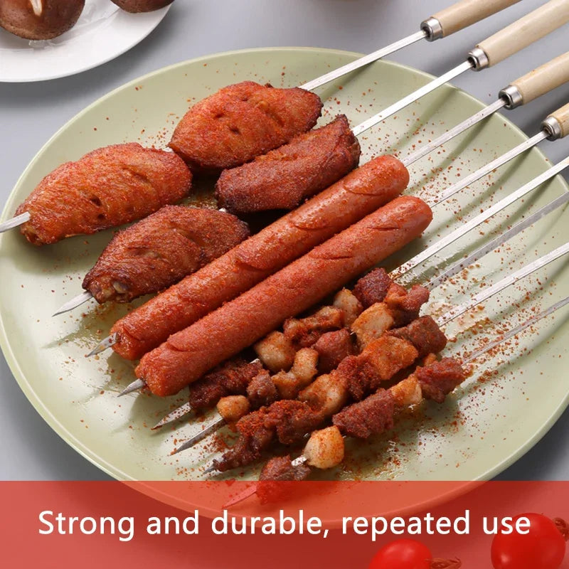 Grill Skewers Stainless Steel Flat Blade Wooden Handle
