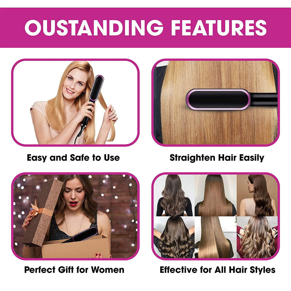 Hair Straightening Brush Ionic Titanium Bristles Anti-Frizz