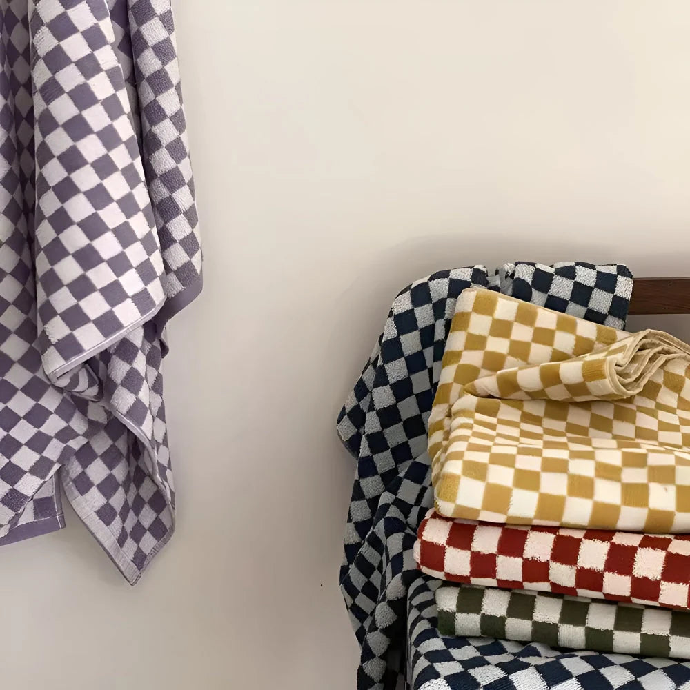 Hand Towel 100% Cotton Quick-Drying Checkerboard Pattern
