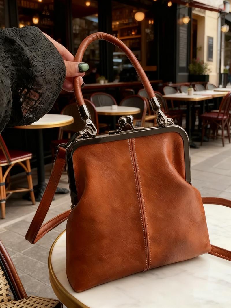 Handbag Faux Leather Vintage Clasp Detachable Shoulder Strap