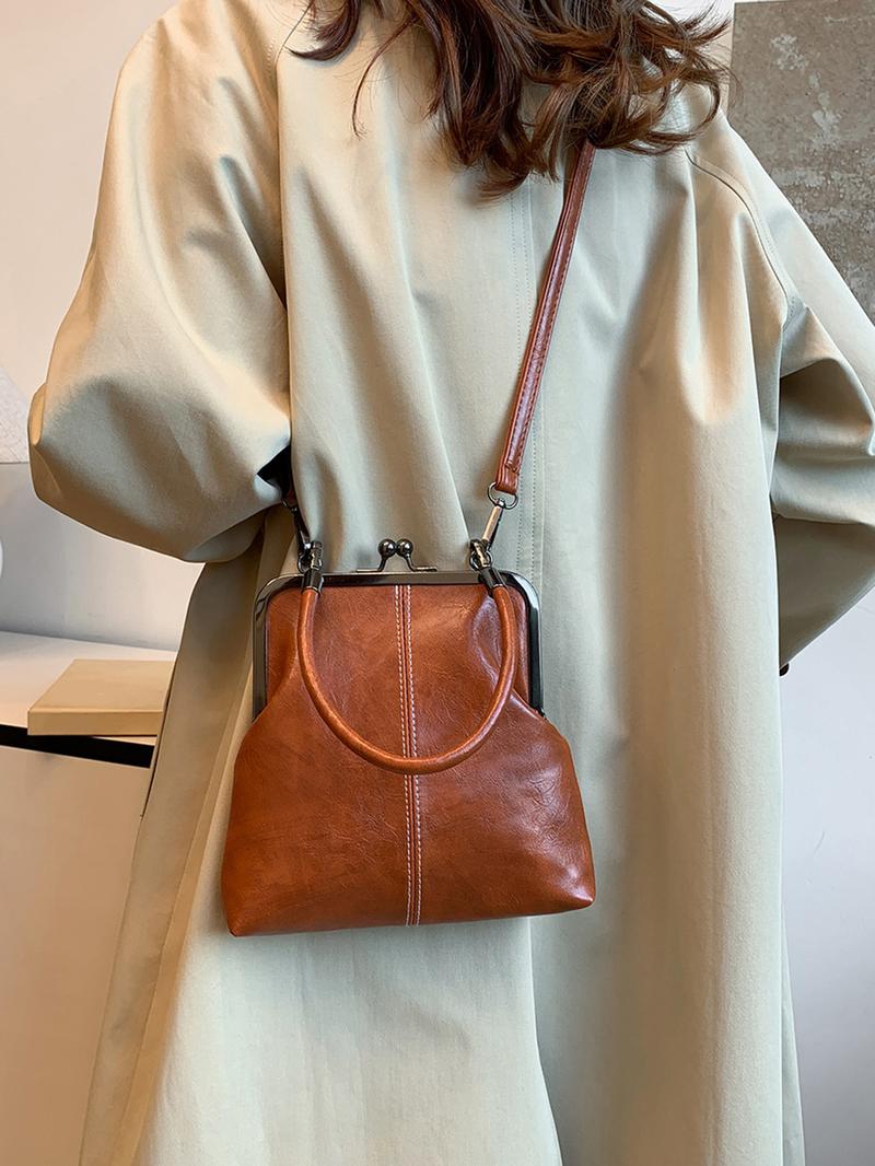 Handbag Faux Leather Vintage Clasp Detachable Shoulder Strap