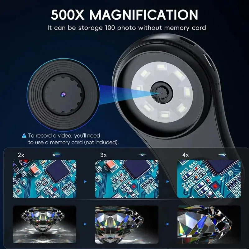 Handheld Digital Microscope 500x Built-In Screen & LED Light