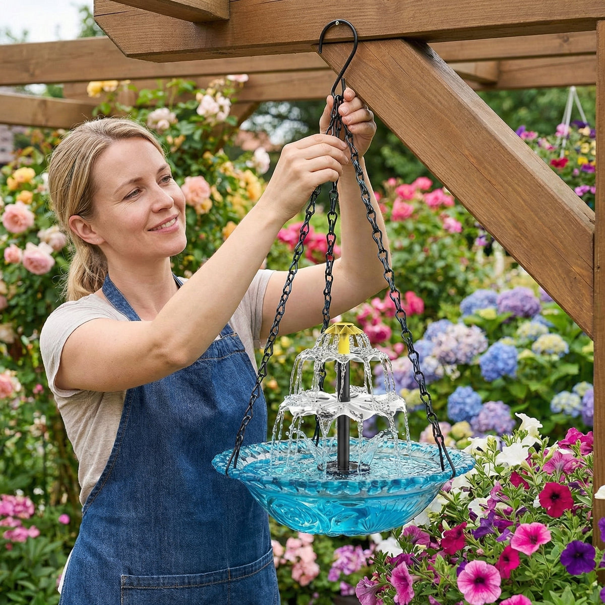 Hanging Bird Bath Solar Powered Glass Bowl Weatherproof