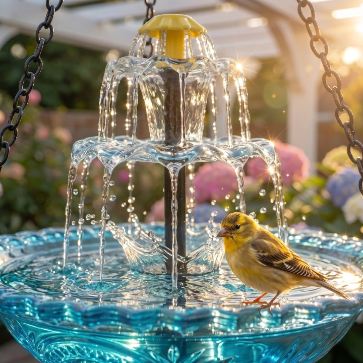 Hanging Bird Bath Solar Powered Glass Bowl Weatherproof