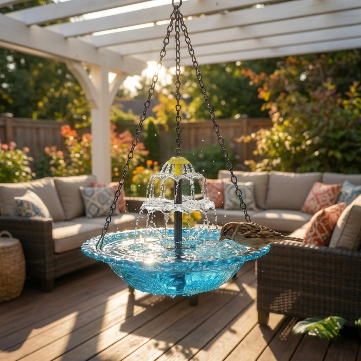 Hanging Bird Bath Solar Powered Glass Bowl Weatherproof