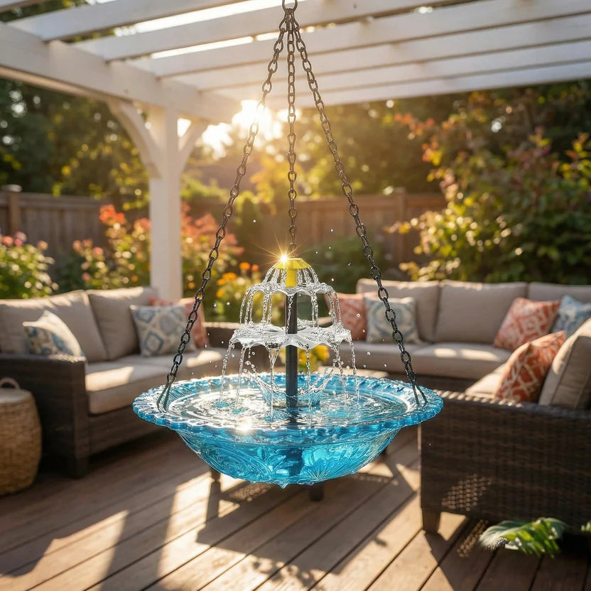Hanging Birdbath Fountain Solar-Powered Two-Stage Glass Bowl