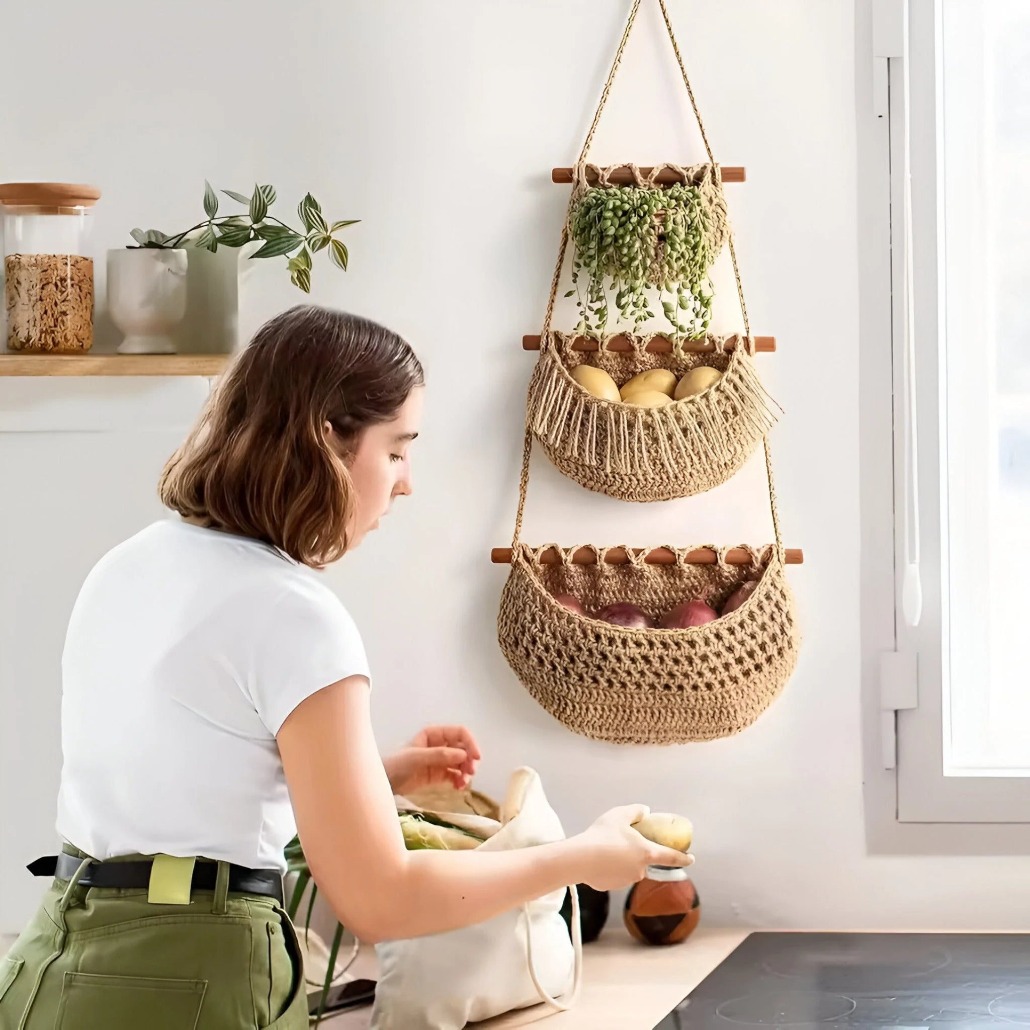 Hanging Fruit & Vegetable Basket 3-Tier Natural Jute