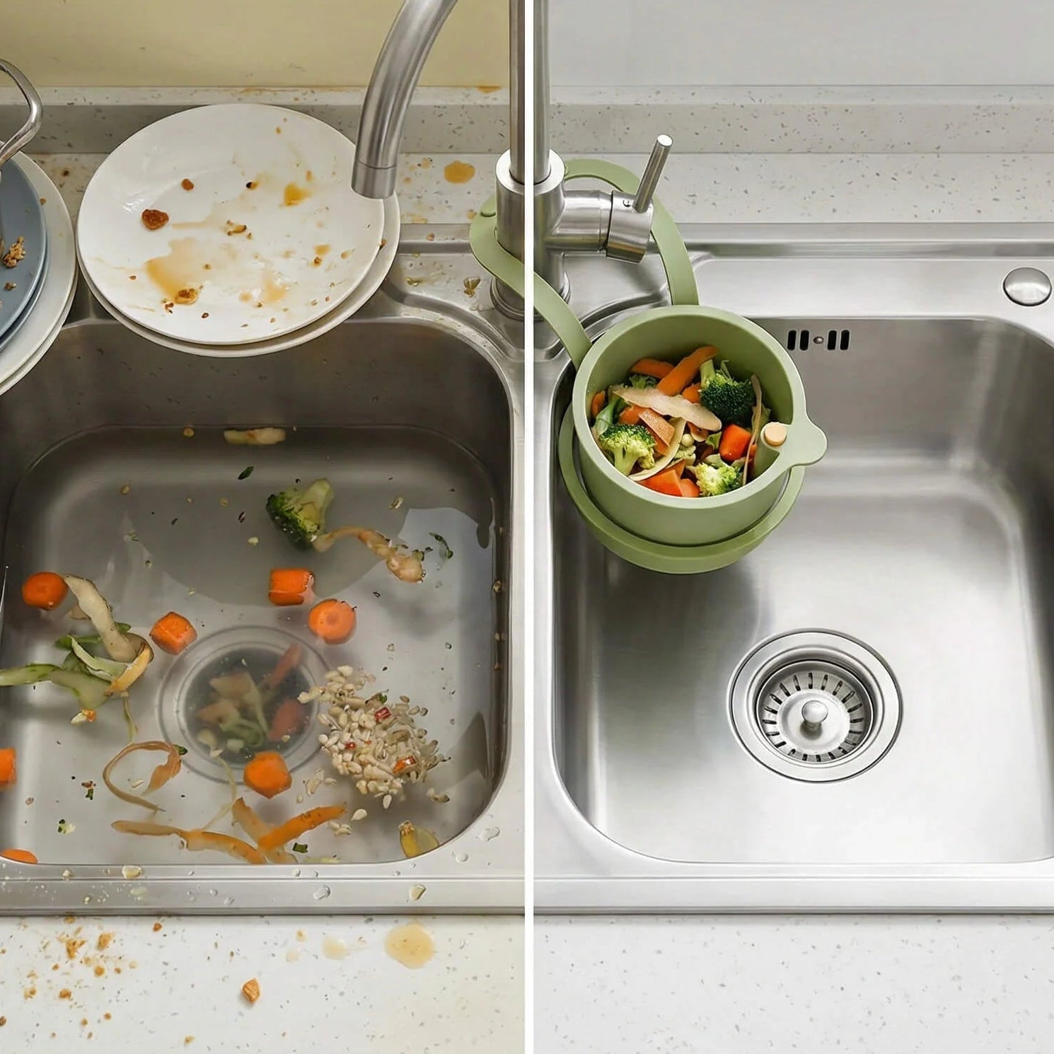 Hanging Sink Drip Basket Two-Part Filter & One-Click Emptying