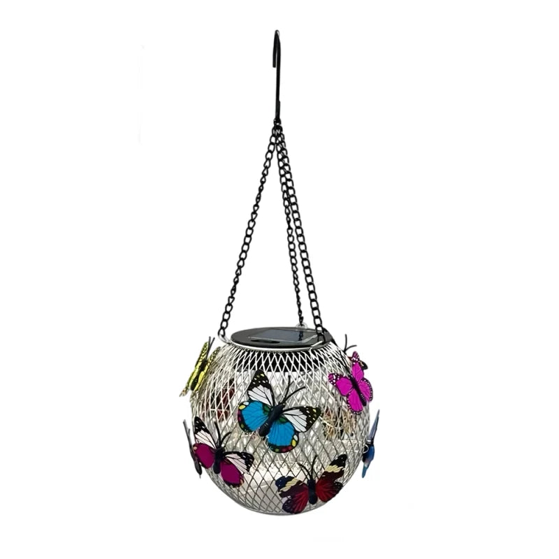 Hanging Solar Light Iron Mesh Globe Butterfly Decor 12-Hour