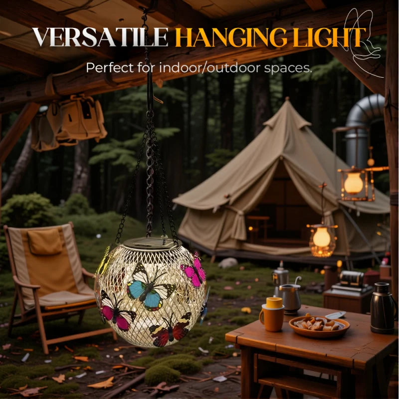 Hanging Solar Light Iron Mesh Globe Butterfly Decor 12-Hour