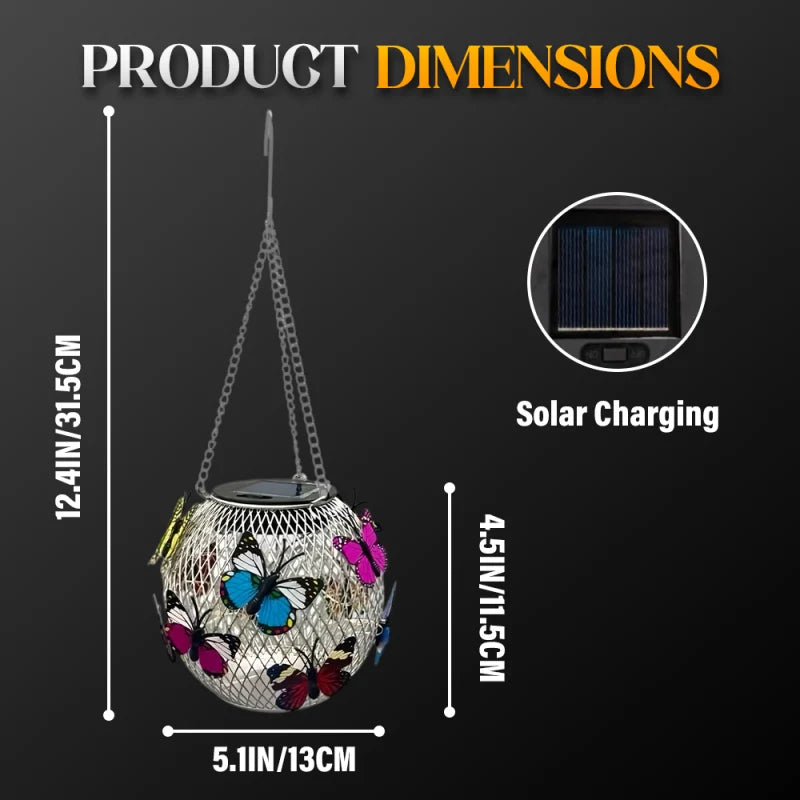 Hanging Solar Light Iron Mesh Globe Butterfly Decor 12-Hour