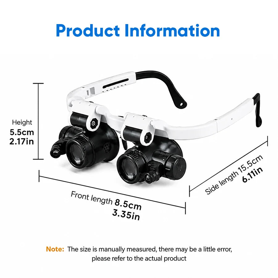 Headband Magnifier 3 Lenses LED Lights Adjustable Angle