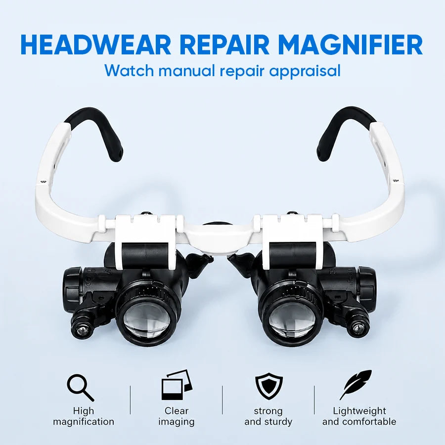 Headband Magnifier 3 Lenses LED Lights Adjustable Angle