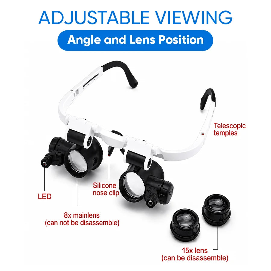 Headband Magnifier 3 Lenses LED Lights Adjustable Angle