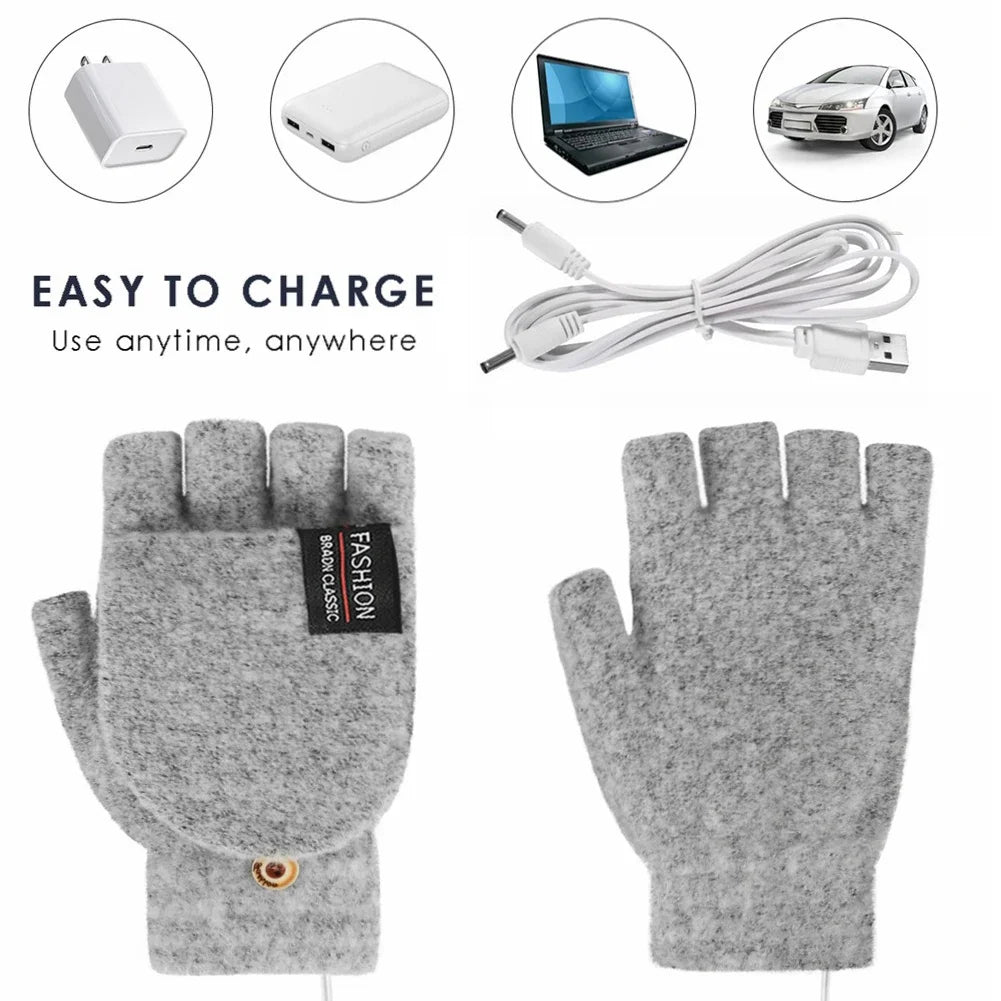 Heated Gloves Fingerless Knit USB Rechargeable 3 Heat Levels