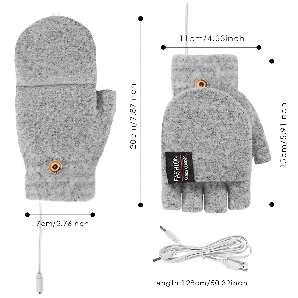 Heated Gloves Fingerless Knit USB Rechargeable 3 Heat Levels
