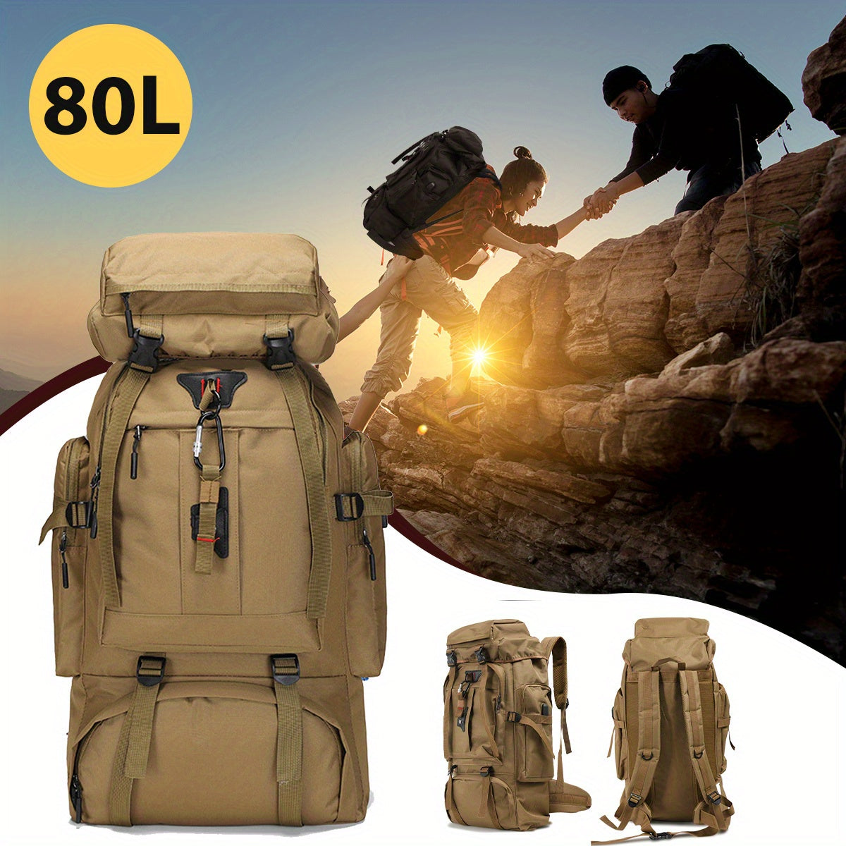 Hiking Backpack 80L Water-Repellent Nylon Padded Back & Adjustable Straps