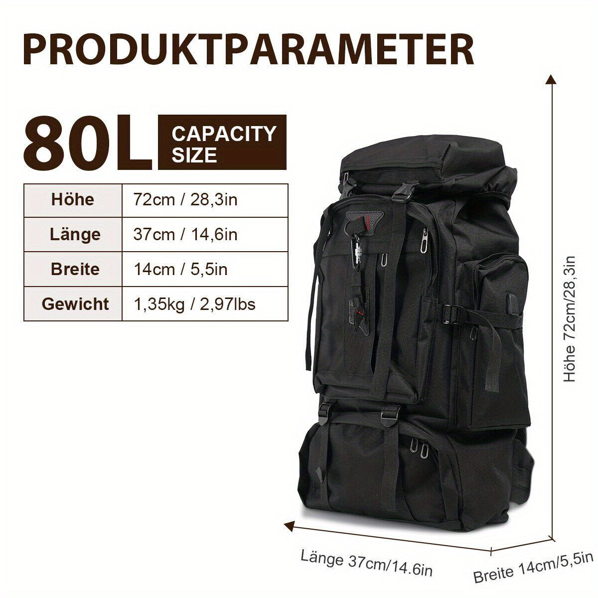 Hiking Backpack 80L Water-Repellent Nylon Padded Back & Adjustable Straps
