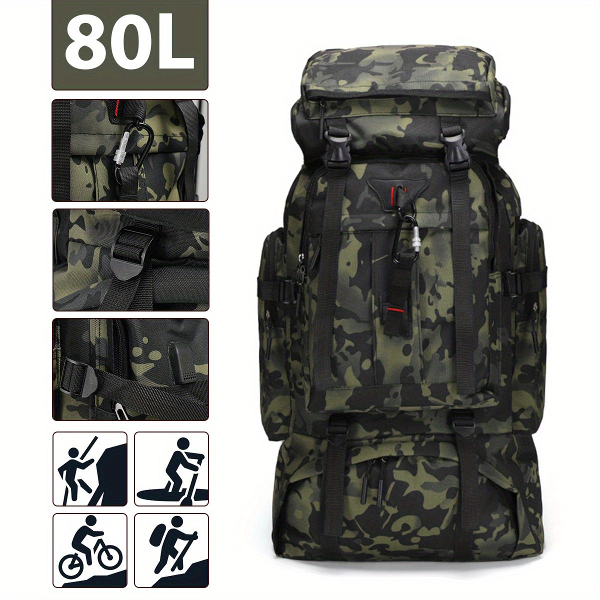 Hiking Backpack 80L Water-Repellent Nylon Padded Back & Adjustable Straps