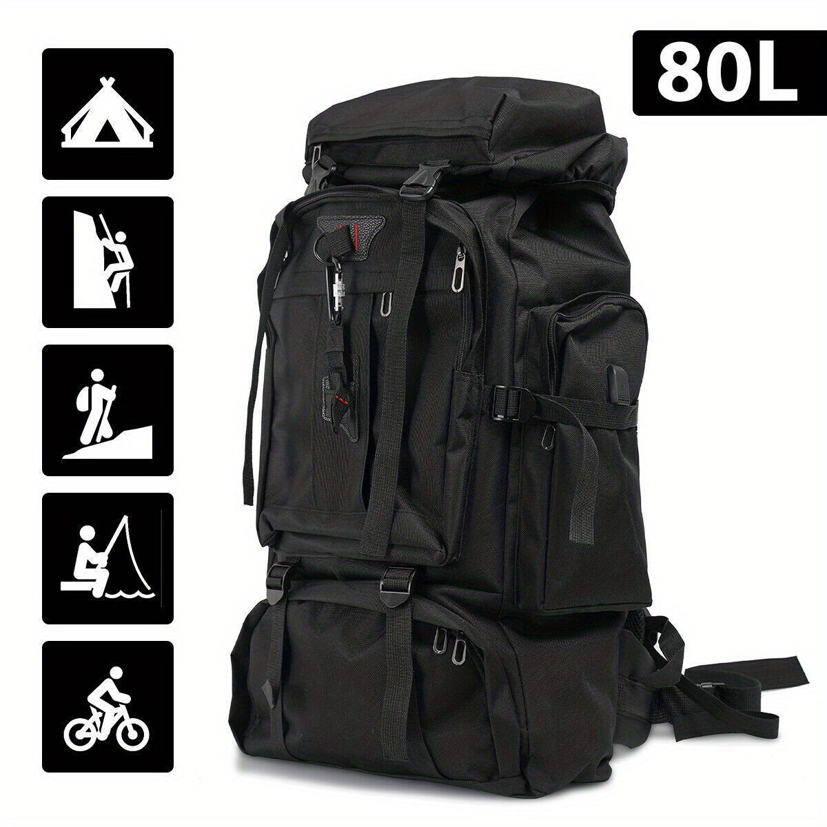 Hiking Backpack 80L Water-Repellent Nylon Padded Back & Adjustable Straps