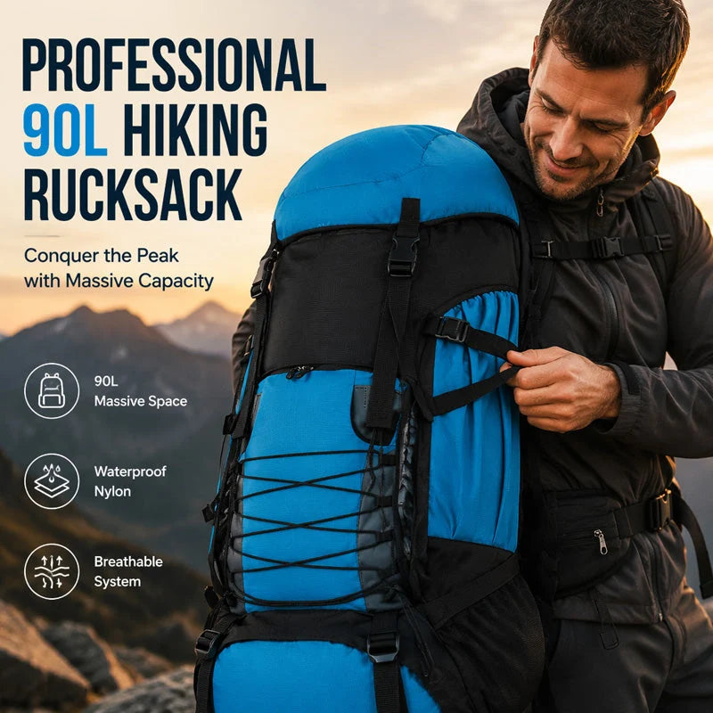 Hiking Backpack 90 L Waterproof Nylon Ergonomic Back Panel