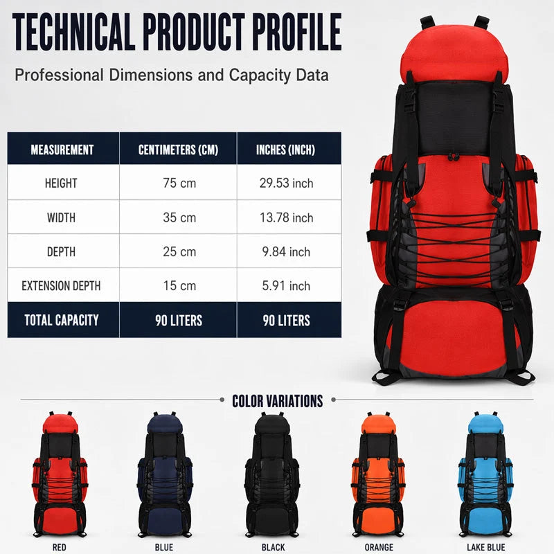 Hiking Backpack 90 L Waterproof Nylon Ergonomic Back Panel