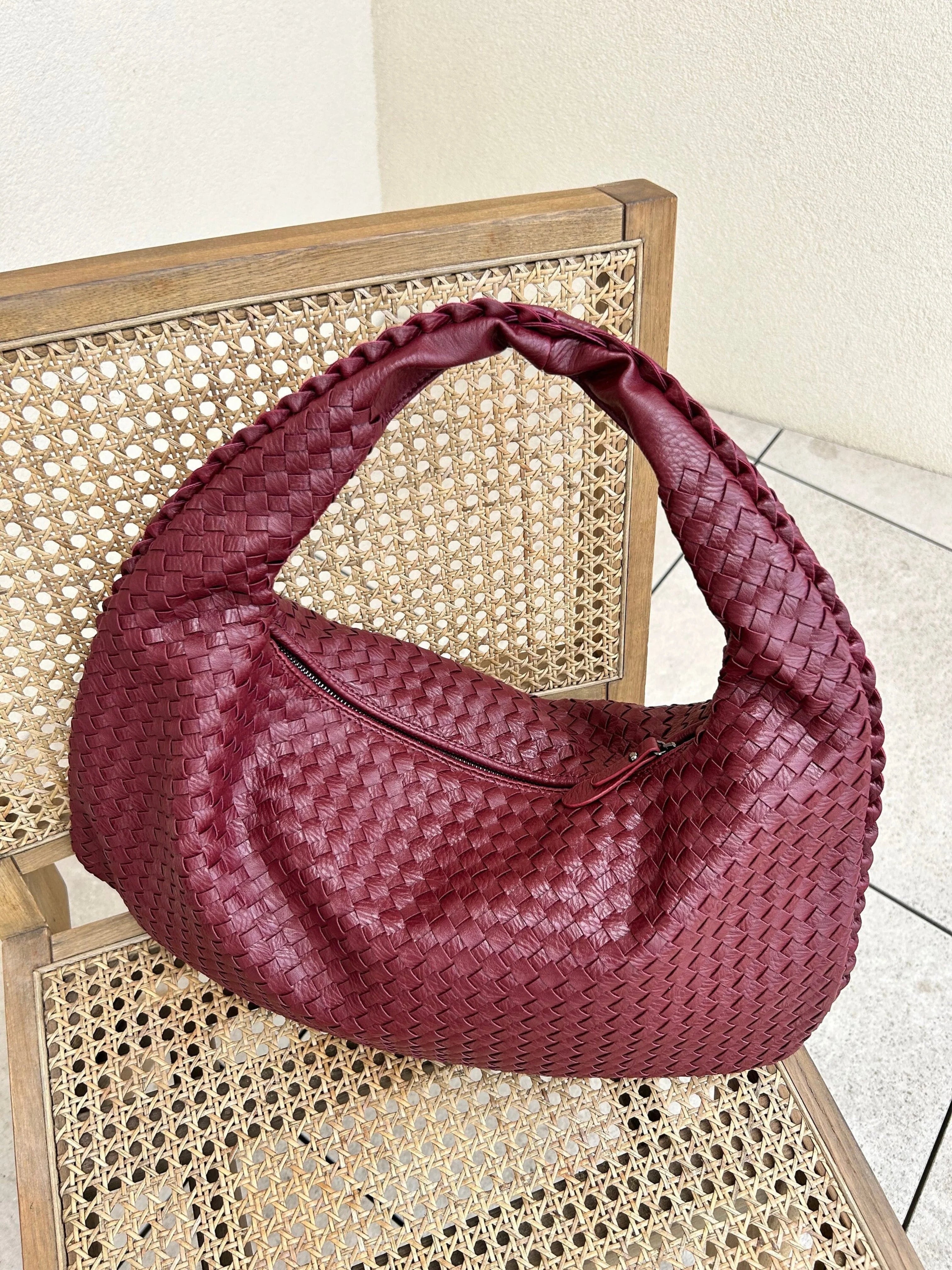 Hobo Bag Braided Leather Curved Silhouette Zipper Closure