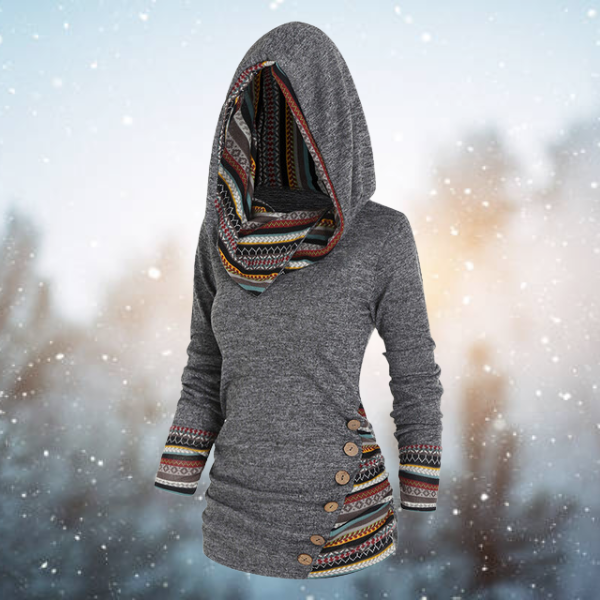 Hoodie Tribal Geometric Print Long Sleeve Faux Button Hood