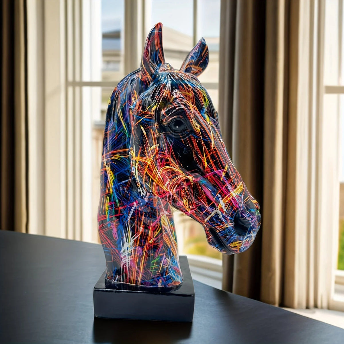 Horse Head Sculpture Handcrafted Resin Multicolor