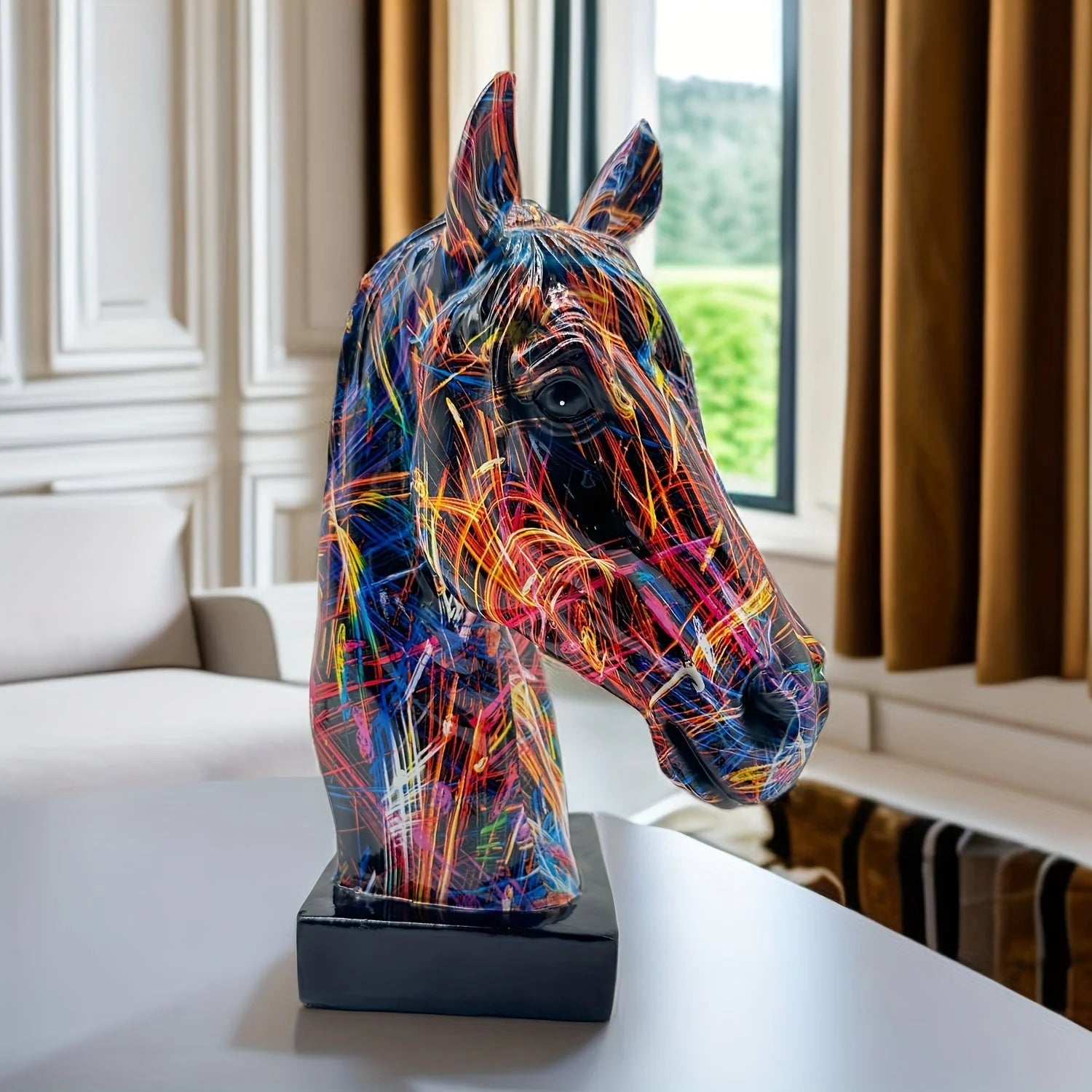 Horse Head Sculpture Handcrafted Resin Multicolor