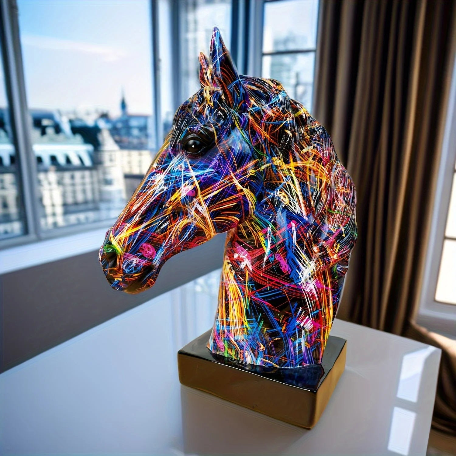 Horse Head Sculpture Handcrafted Resin Multicolor