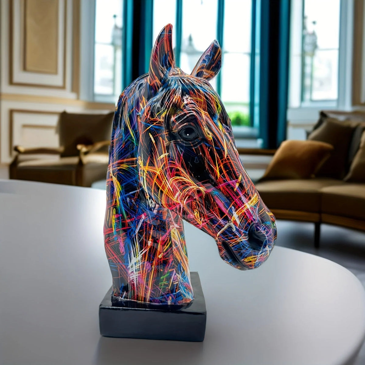 Horse Head Sculpture Handcrafted Resin Multicolor